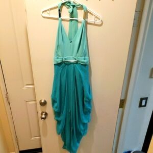 Bebe Elegant Halter Dress in Aqua & Teal